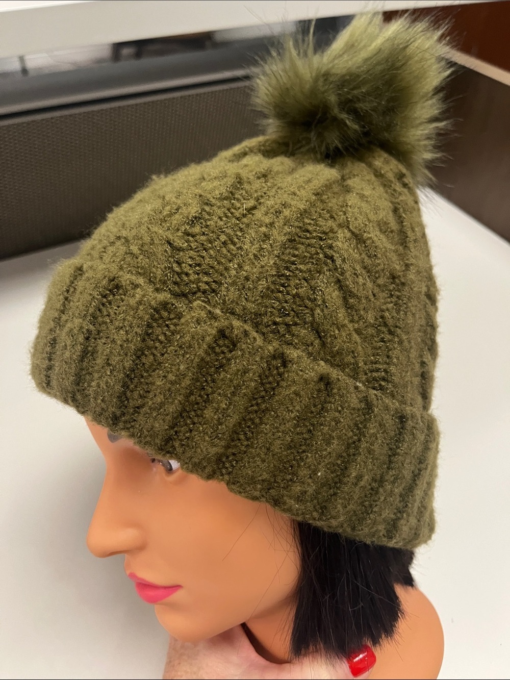 Tahari Olive Green Faux Fur Pom Pom Knit Hat